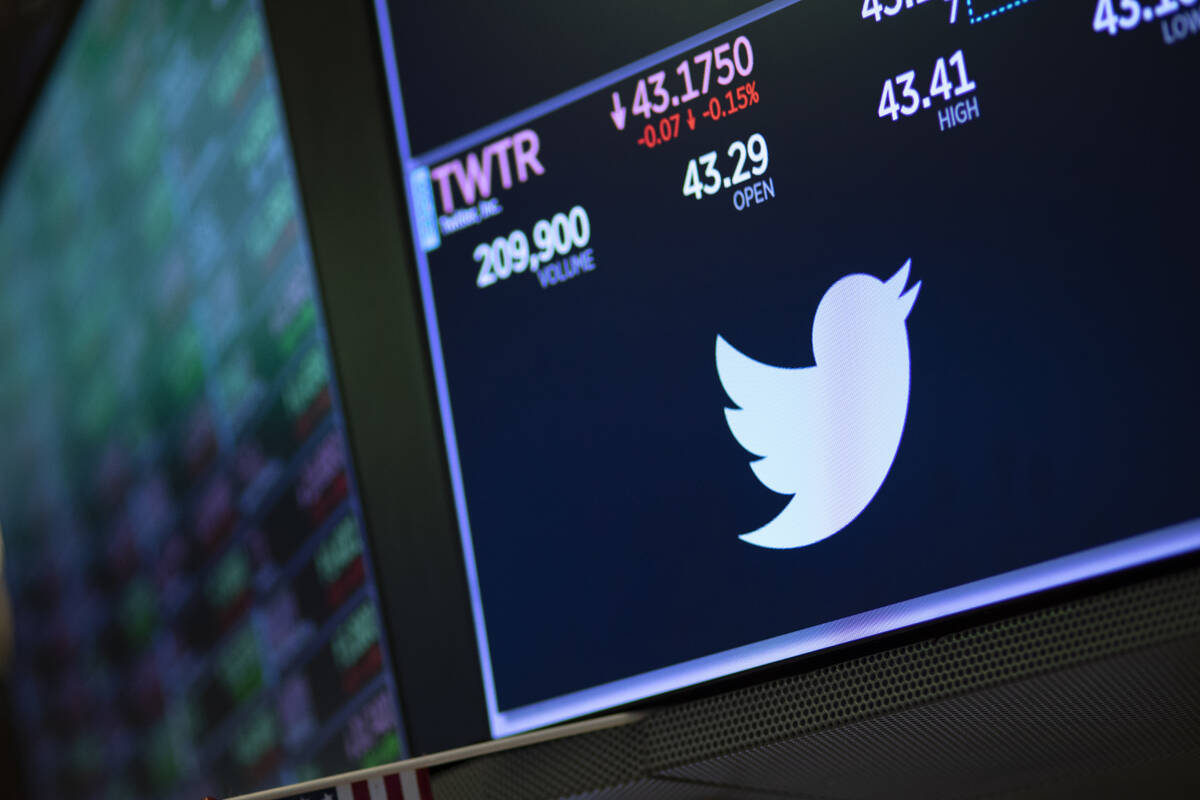 FILE - A screen shows the price of Twitter stock at the New York Stock Exchange, Sept. 18, 2019 ...