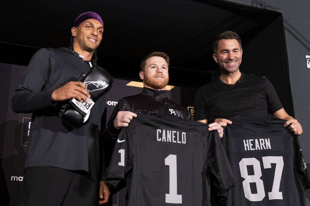 Raiders wide receiver Mack Hollins, from left, boxer Saul "Canelo" Alvarez, and boxin ...