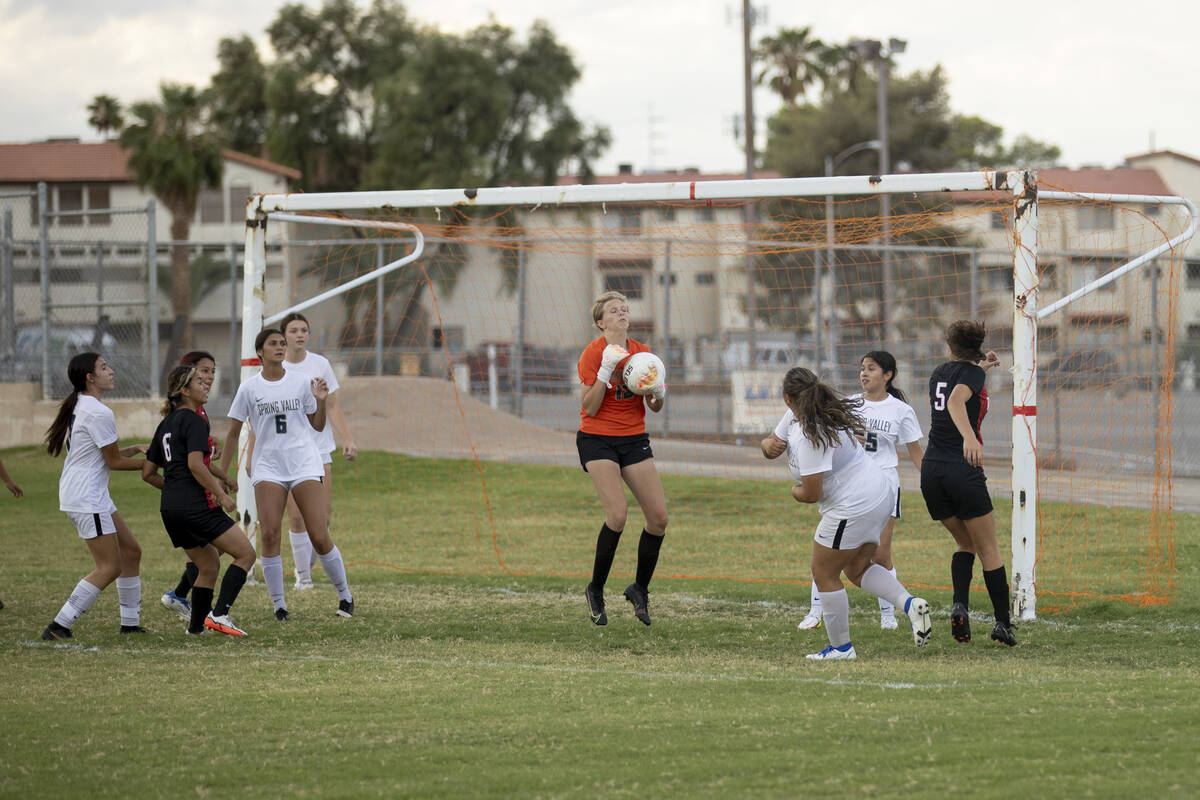 Spring Valley High School's Lila Spada makes a save during their game against Valley High Schoo ...