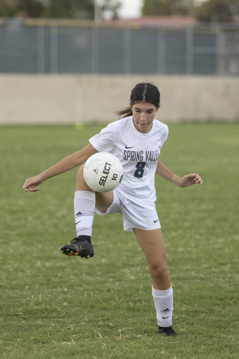 Spring Valley High School's Angelina Alvarado (8) stops the ball during their game at Valley Hi ...