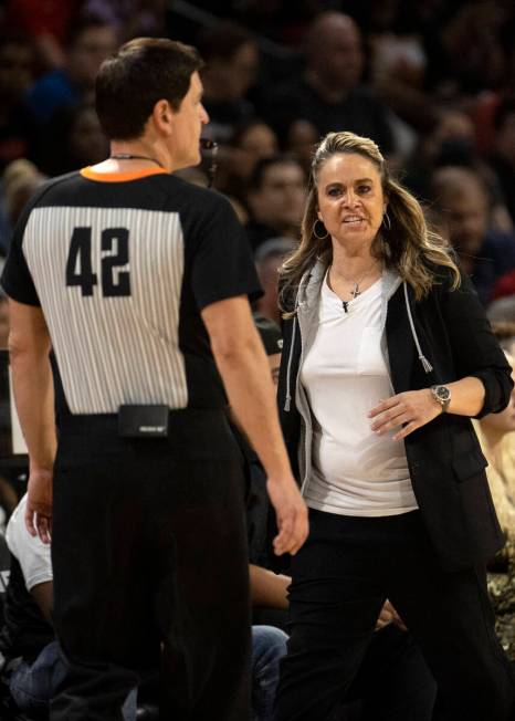Las Vegas Aces head coach Becky Hammon shouts at a referee during the first half in Game 2 of a ...