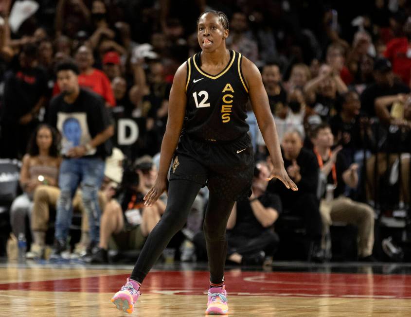 Las Vegas Aces guard Chelsea Gray (12) celebrates after scoring during the second half in Game ...