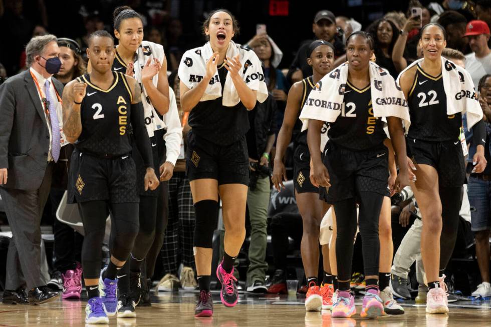 The Las Vegas Aces take the court after winning Game 2 of a WNBA basketball final series agains ...
