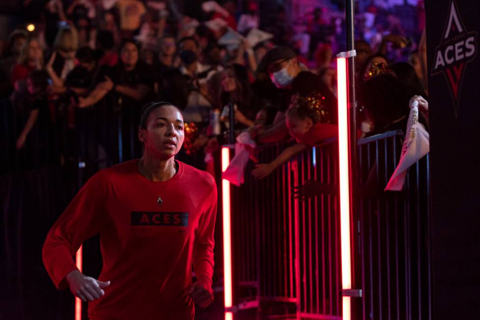 Las Vegas Aces center Kiah Stokes (41) runs out at she is announced in the starting lineup in G ...