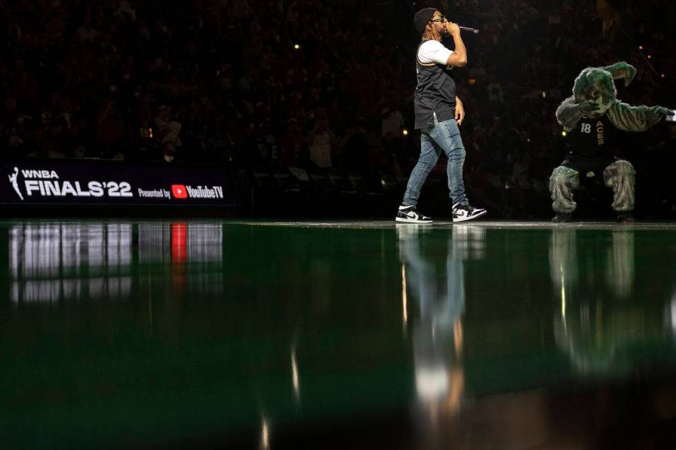 Lil John performs during halftime in Game 2 of a WNBA basketball final series between the Las V ...