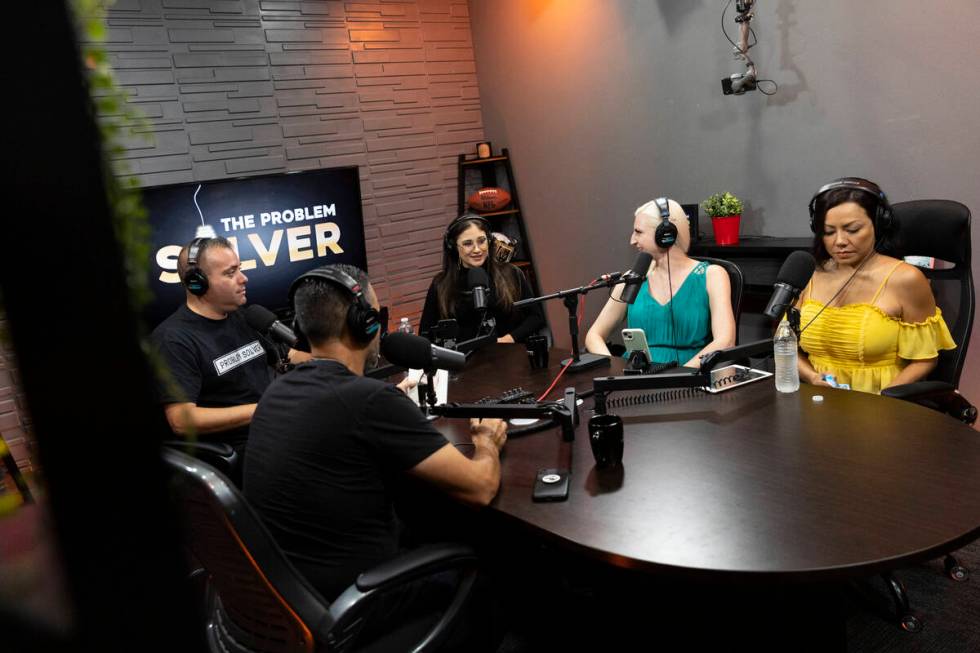 From left, co-hosts Daniel Minor, David Kohlmeier, Beija Rivera, guest celebrity psychic Laura ...