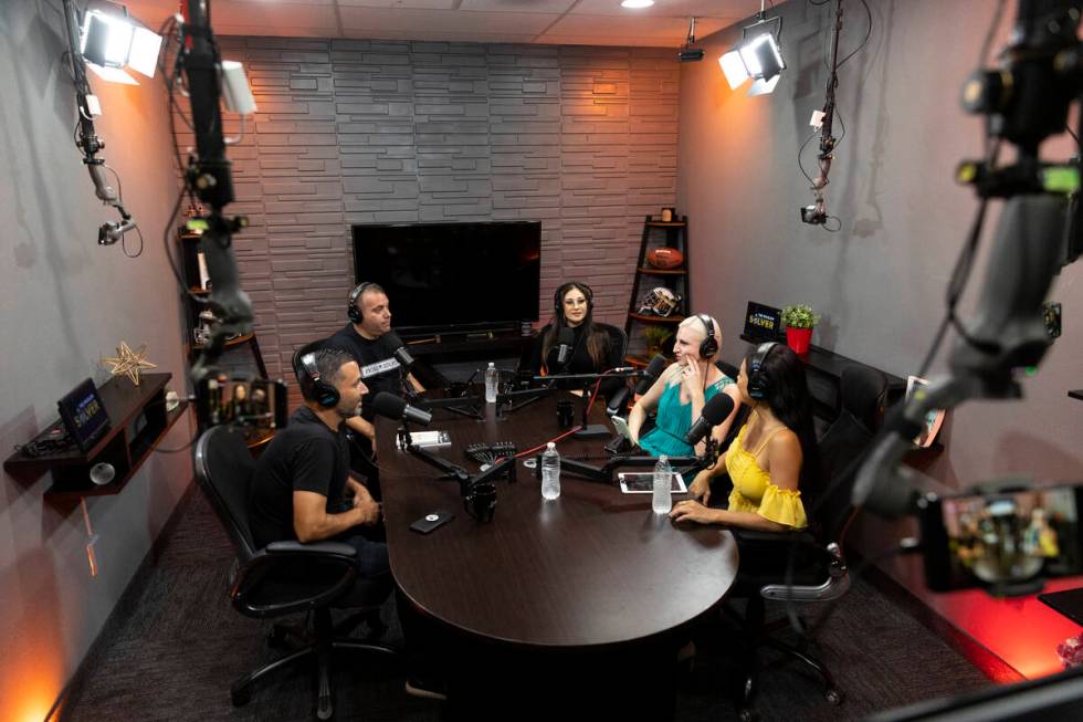 From left, co-hosts Daniel Minor, David Kohlmeier, Beija Rivera, guest celebrity psychic Laura ...