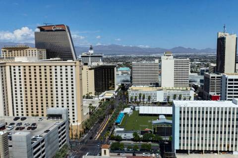 Downtown Las Vegas as seen from the Regional Justice Center, on Wednesday, Sept. 14, 2022. (Biz ...