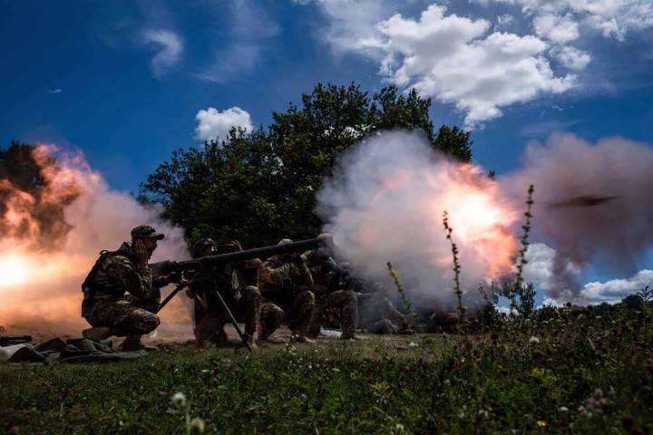 Ukrainian servicemen shoot with SPG-9 recoilless gun during training in Kharkiv region, Ukraine ...