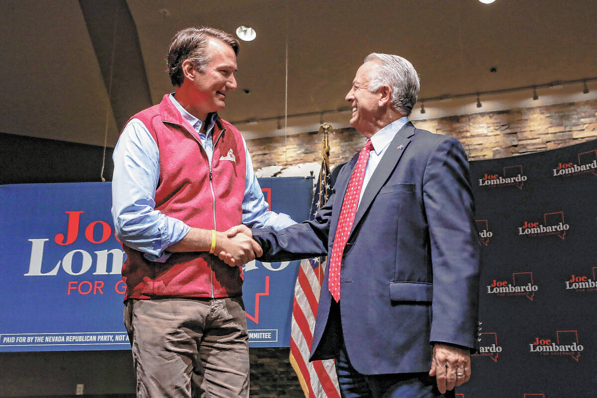 Virginia Gov. Glenn Youngkin, left, shakes hands with Republican candidate for governor Sheriff ...