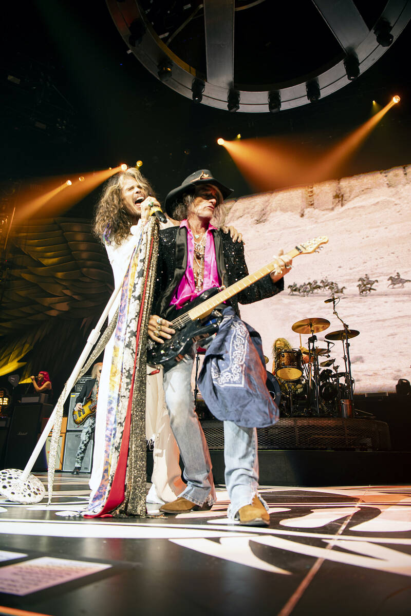 Steven Tyler and Joe Perry perform during the return of "Deuces Are Wild" at Dolby Live at Park ...