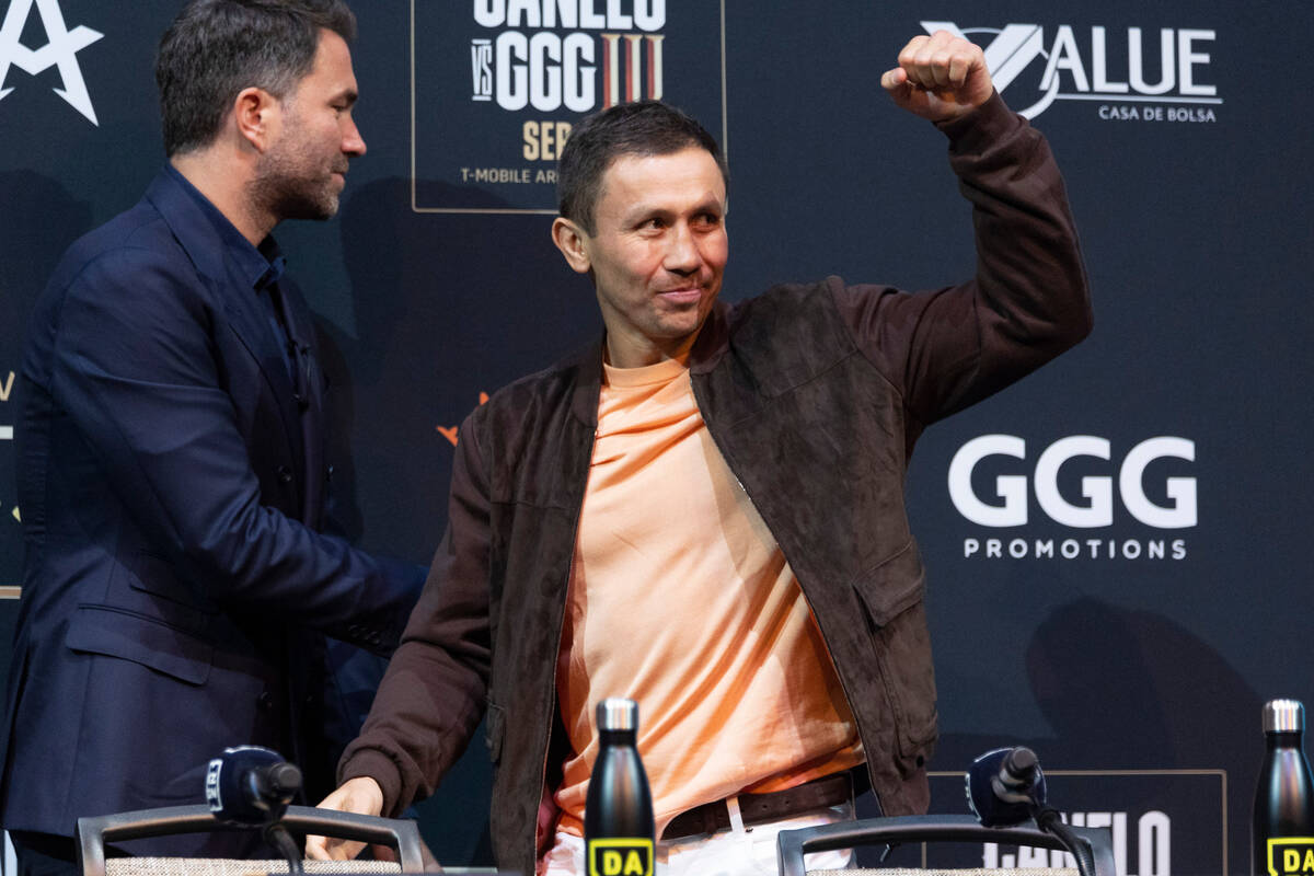 Gennadiy Golovkin participates during a press conference at the MGM Grand hotel-casino in Las V ...