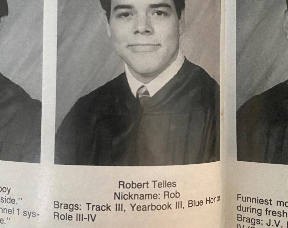 This Cathedral High School yearbook photo shows Robert Telles, who listed his "brags" as track, ...