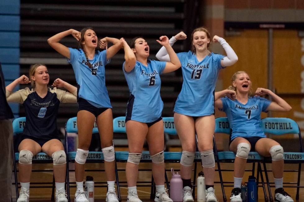 Foothill's Sally Heagany (8), Madison Holmes (5), Morgan Fleisher (6), Bella Riggs (13) and Mad ...