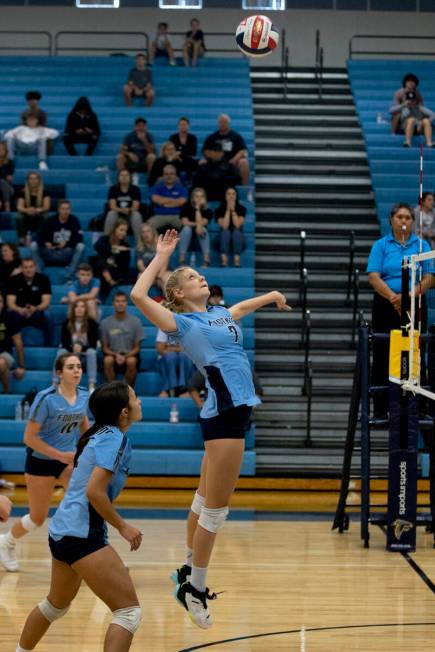 Foothill's Madelyn Neibaur (7) goes up for a hit against Shadow Ridge at Foothill High School o ...
