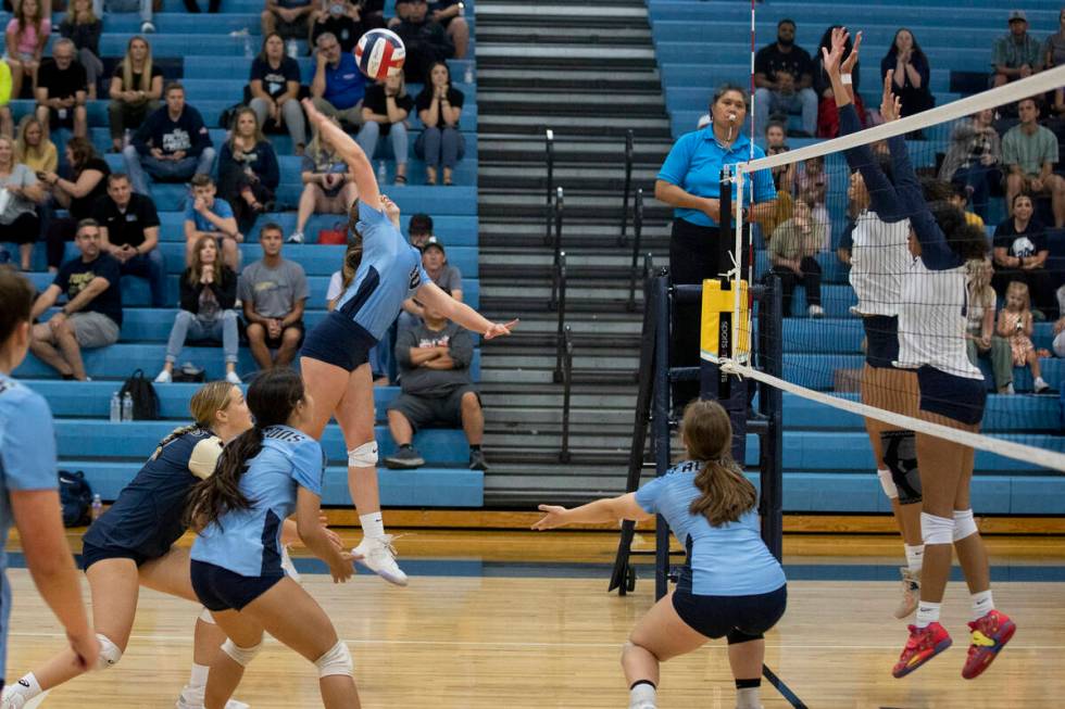 Foothill's Riley Strganac (10) goes up for a hit during their match against Shadow Ridge on Thu ...