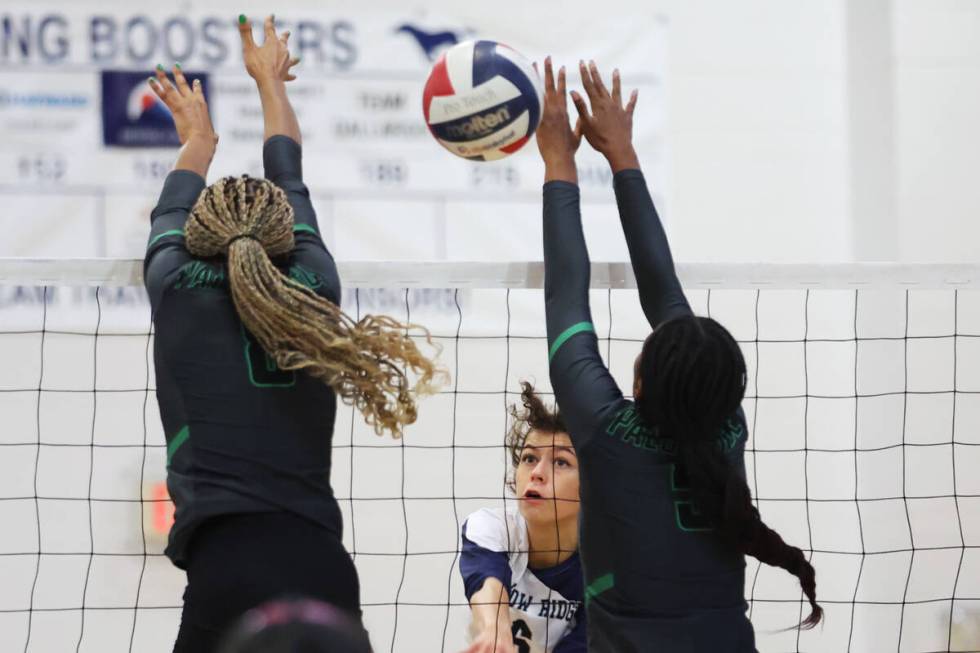 Shadow Ridge's Chloe Poort (6) spikes the ball for a point against Palo Verse during a girl's v ...