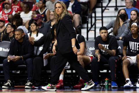 Las Vegas Aces head coach Becky Hammon paces the sidelines during the first half in Game 3 of a ...