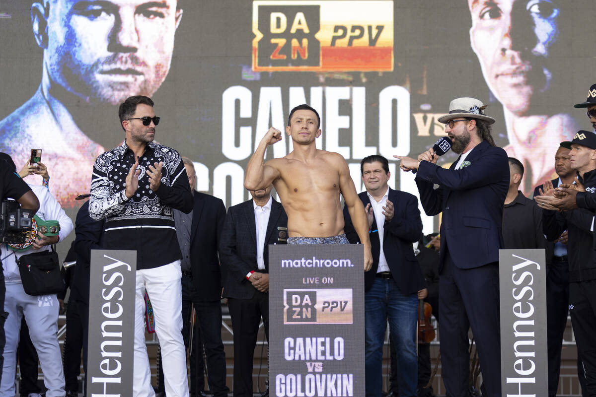 Gennadiy Golovkin stands on the scale during a ceremonial weigh-in at Toshiba Plaza in Las Vega ...