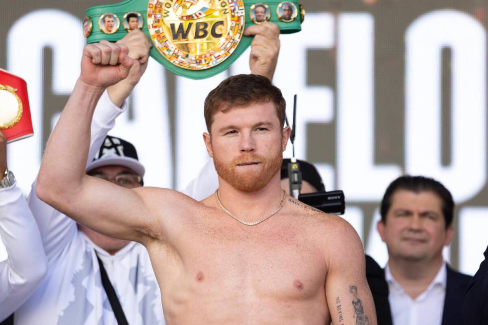 Saul "Canelo" Alvarez stands on the scale during a ceremonial weigh-in at Toshiba Pla ...