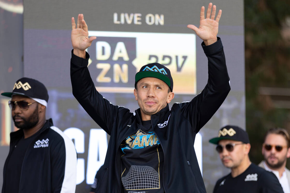 Gennadiy Golovkin takes the stage for a ceremonial weigh-in at Toshiba Plaza in Las Vegas, Frid ...