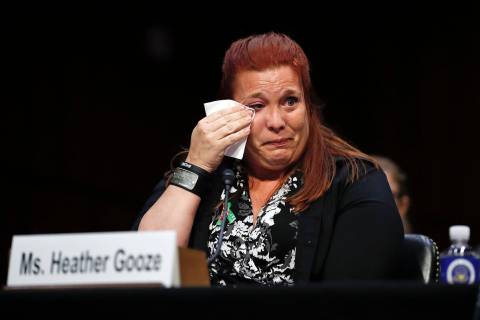 Heather Gooze, Las Vegas shooting witness, cries as she testifies during a Senate Judiciary Com ...