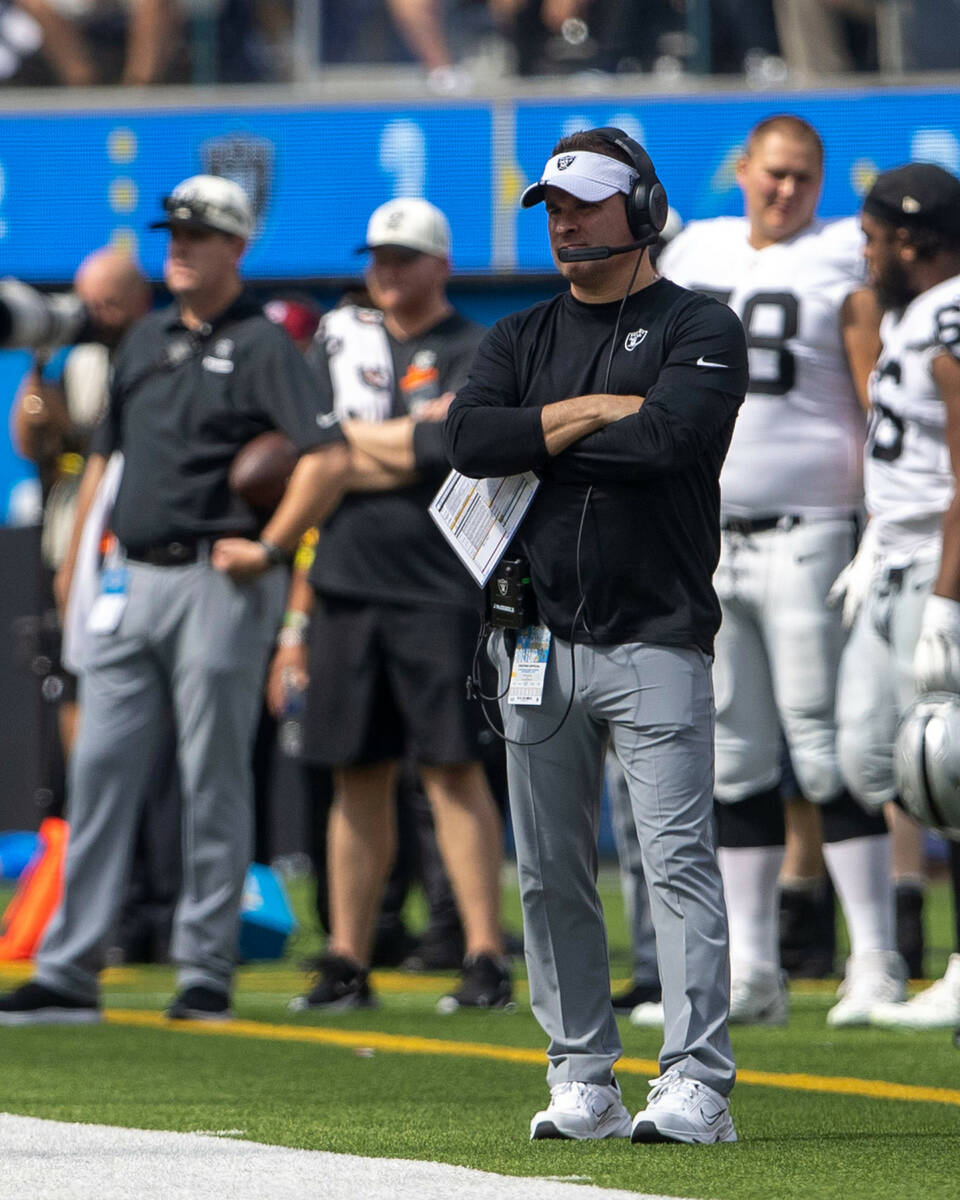 Raiders head coach Josh McDaniels looks on during the second half of an NFL game at SoFi Stadiu ...