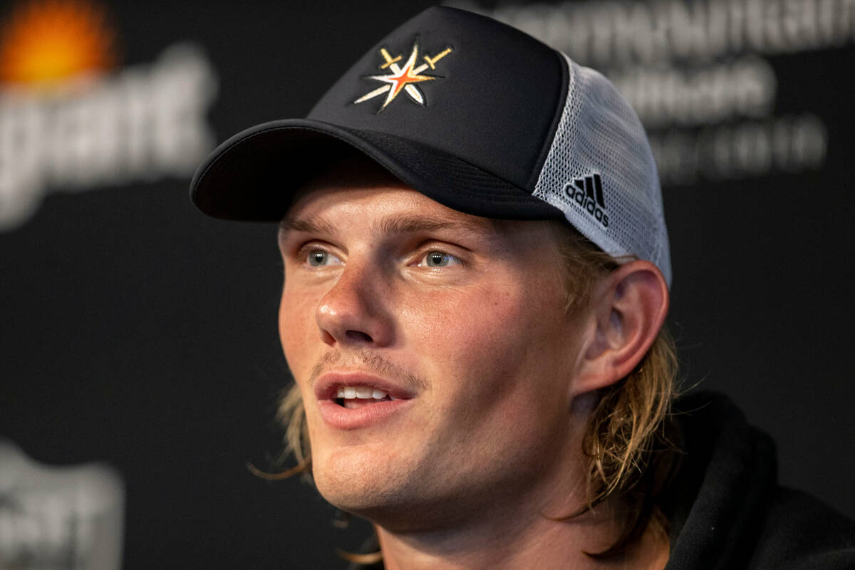 Raiders kicker Daniel Carlson takes questions at a news conference after the team’s trai ...