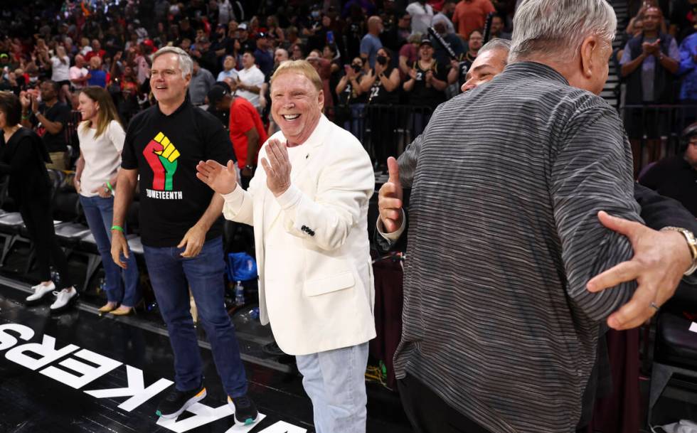 Las Vegas Aces owner Mark Davis celebrates the team’s win over the Minnesota Lynx in a W ...