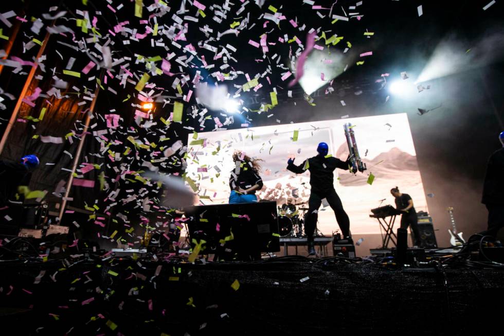 Alessia Cara performs with the Blue Man Group during the Life is Beautiful festival on Saturday ...