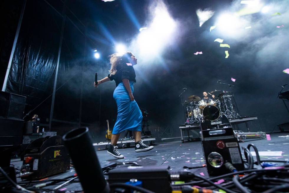 Alessia Cara performs with the Blue Man Group during the Life is Beautiful festival on Saturday ...