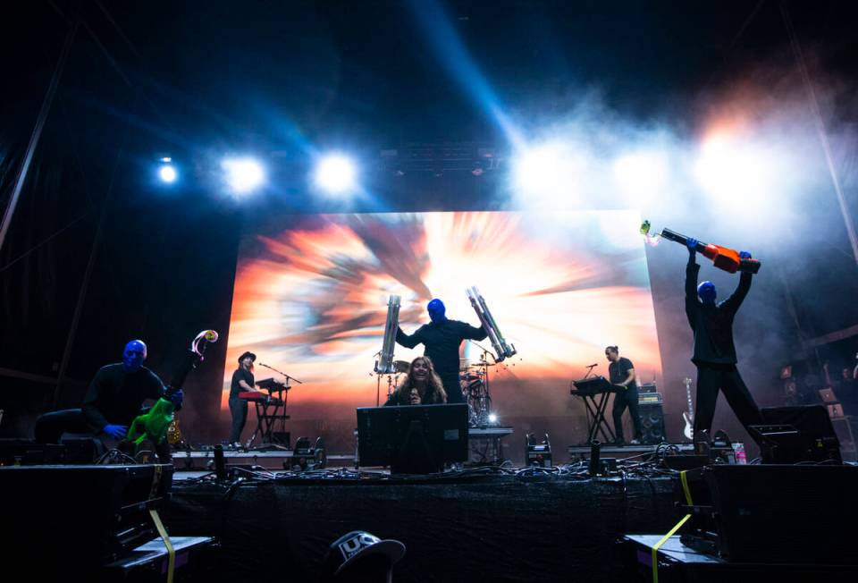 Alessia Cara performs with the Blue Man Group during the Life is Beautiful festival on Saturday ...