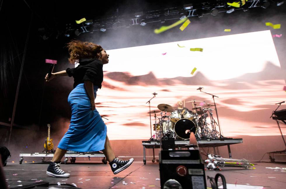 Alessia Cara performs with the Blue Man Group during the Life is Beautiful festival on Saturday ...