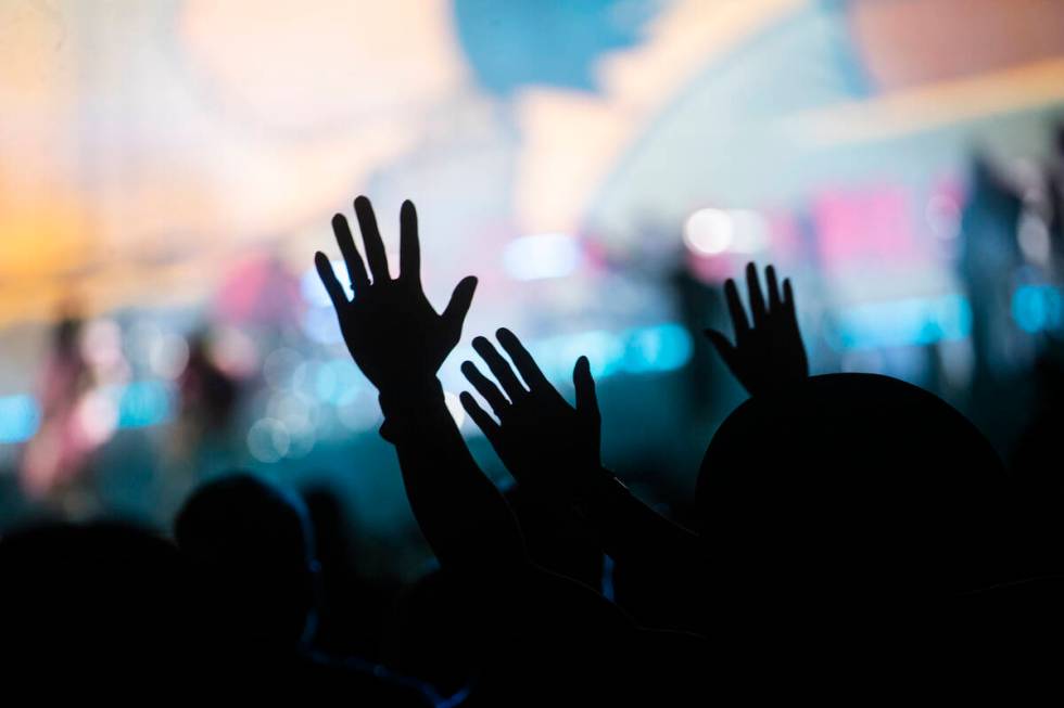 Fans cheer as Gorillaz perform during the Life is Beautiful festival on Saturday, Sept. 17, 202 ...