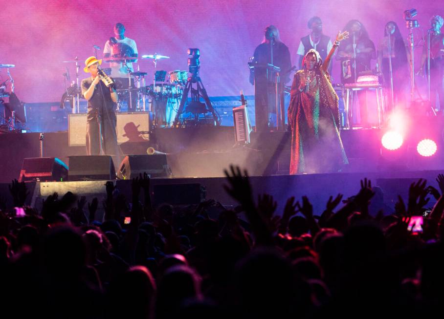 Damon Albarn of Gorillaz performs with Fatoumata Diawara during the Life is Beautiful festival ...