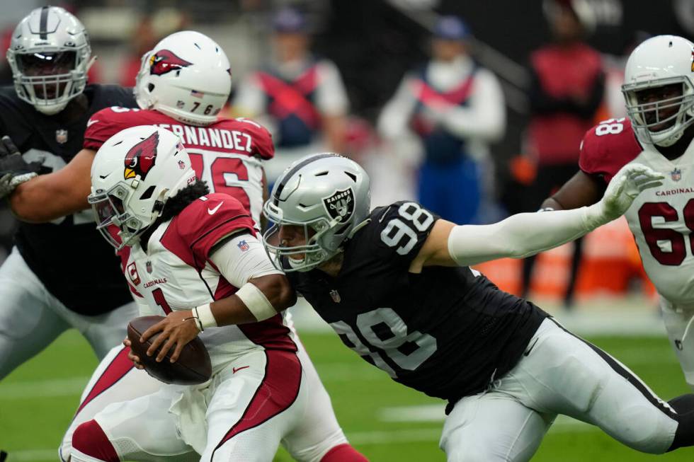 Arizona Cardinals quarterback Kyler Murray (1) is sacked by Las Vegas Raiders defensive end Max ...