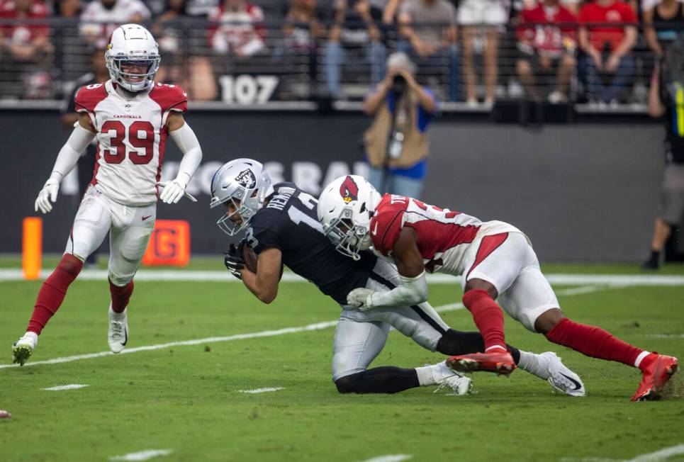 Arizona Cardinals cornerback Jace Whittaker (39) looks on as Raiders wide receiver Hunter Renfr ...