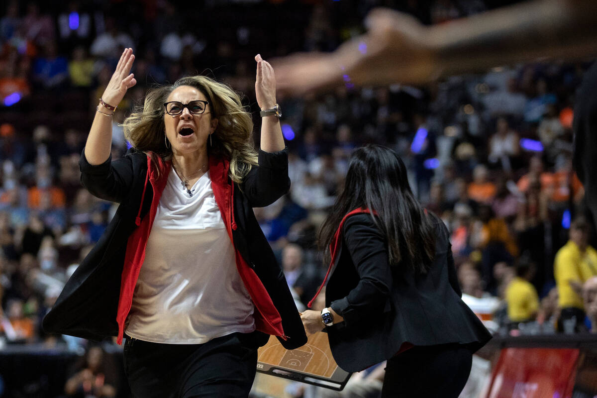 Las Vegas Aces head coach Becky Hammon reacts to a referee’s call during the second half ...