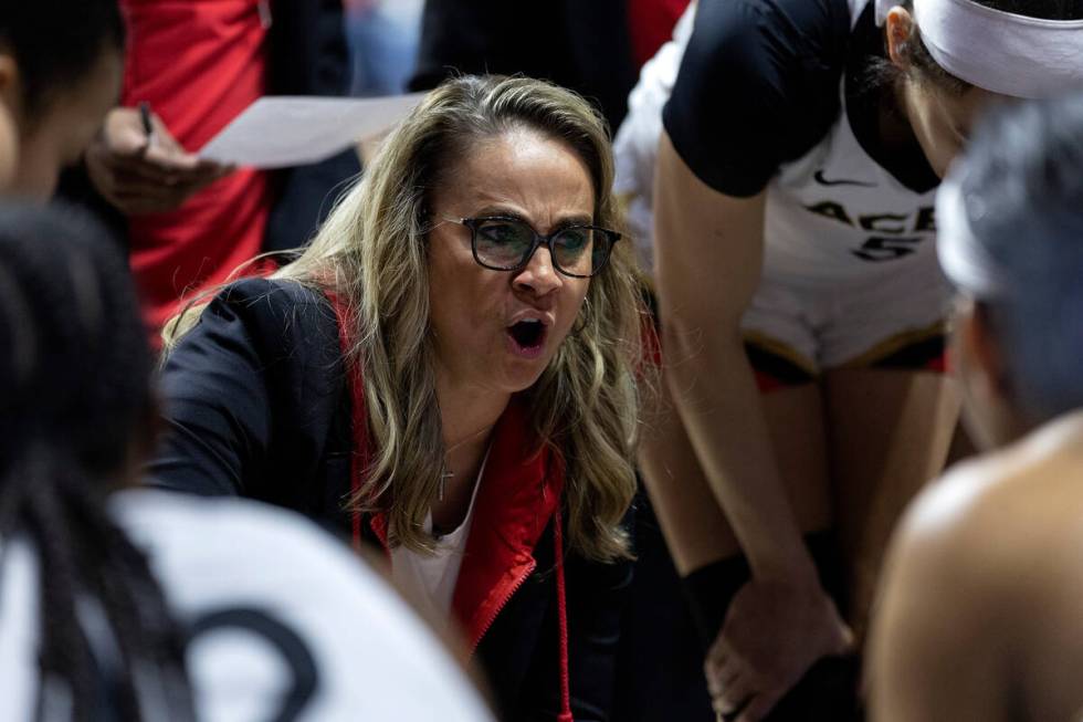 Las Vegas Aces head coach Becky Hammon holds her teams final timeout before they won Game 4 of ...