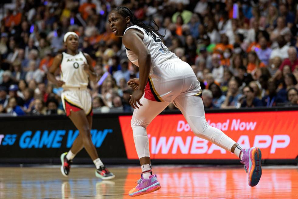 Las Vegas Aces guard Chelsea Gray (12) celebrates after scoring during the second half in Game ...