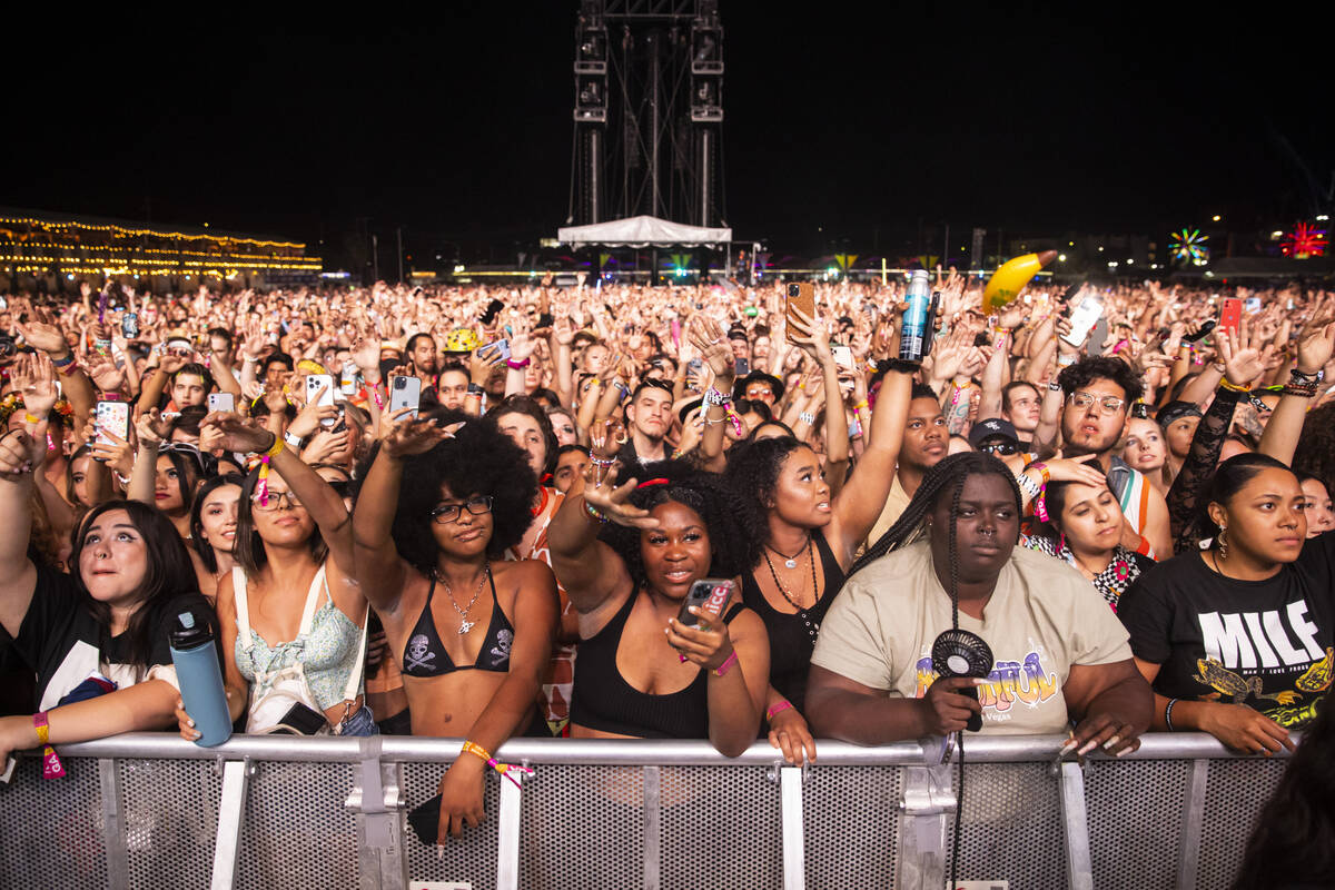 Fans react as Jack Harlow performs during the Life is Beautiful festival on Sunday, Sept. 18, 2 ...