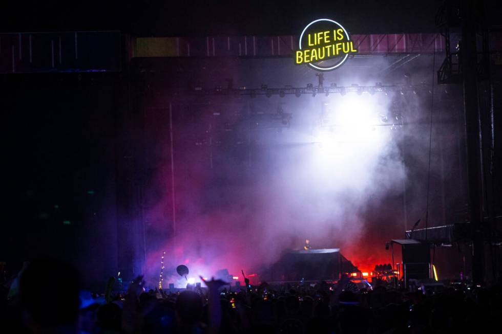 Calvin Harris performs during the Life is Beautiful festival on Monday, Sept. 19, 2022, in down ...