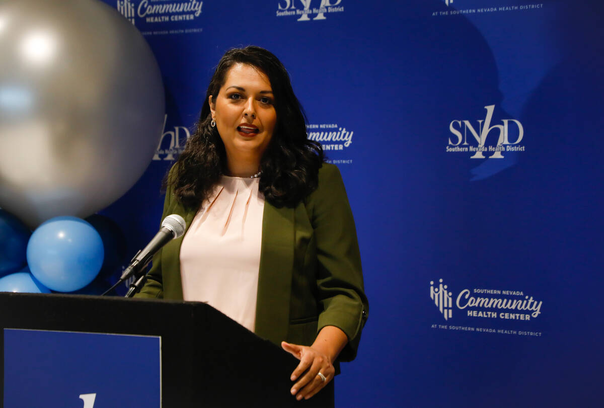 Councilwoman Olivia Diaz, member of Southern Nevada District Board of Health, speaks during an ...