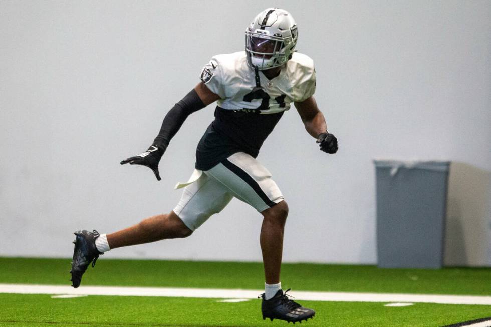 Raiders cornerback Amik Robertson (21) runs through a drill during team practice at the Raiders ...