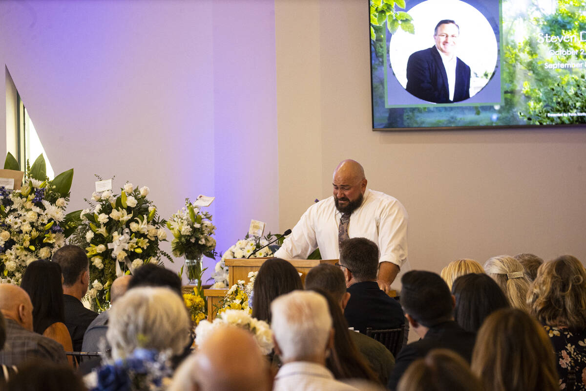Matt Ross talks about his father, former Las Vegas City Councilman Steve Ross, during a funeral ...