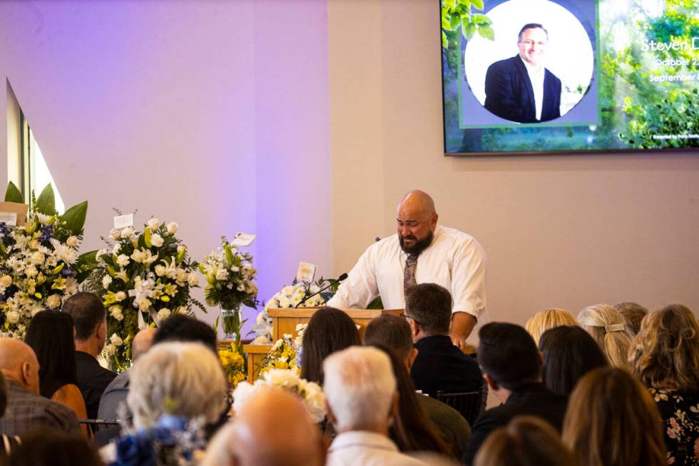 Matt Ross talks about his father, former Las Vegas City Councilman Steve Ross, during a funeral ...