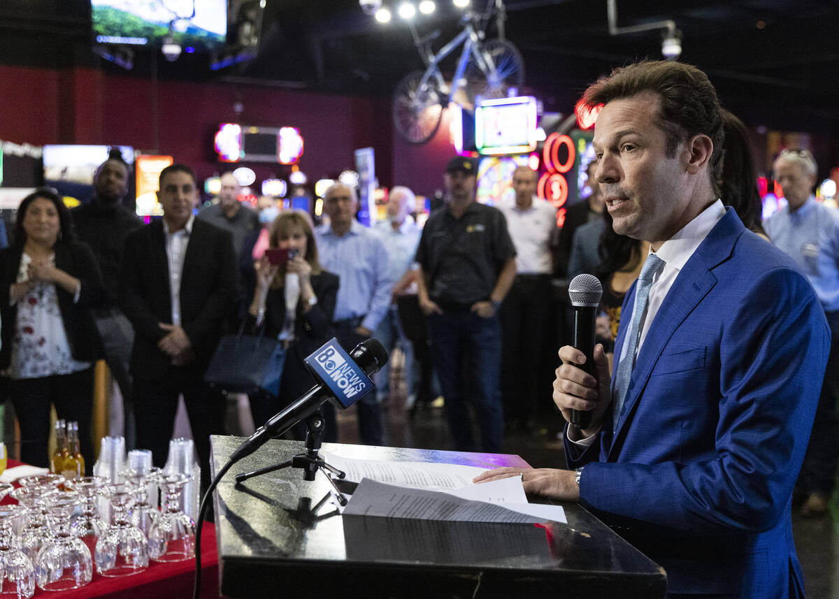 Seth Schorr, CEO, Fifth Street Gaming/JefeBet, speaks during the groundbreaking ceremony for a ...