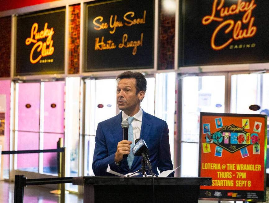 Seth Schorr, CEO, Fifth Street Gaming/JefeBet, speaks during the groundbreaking ceremony for a ...