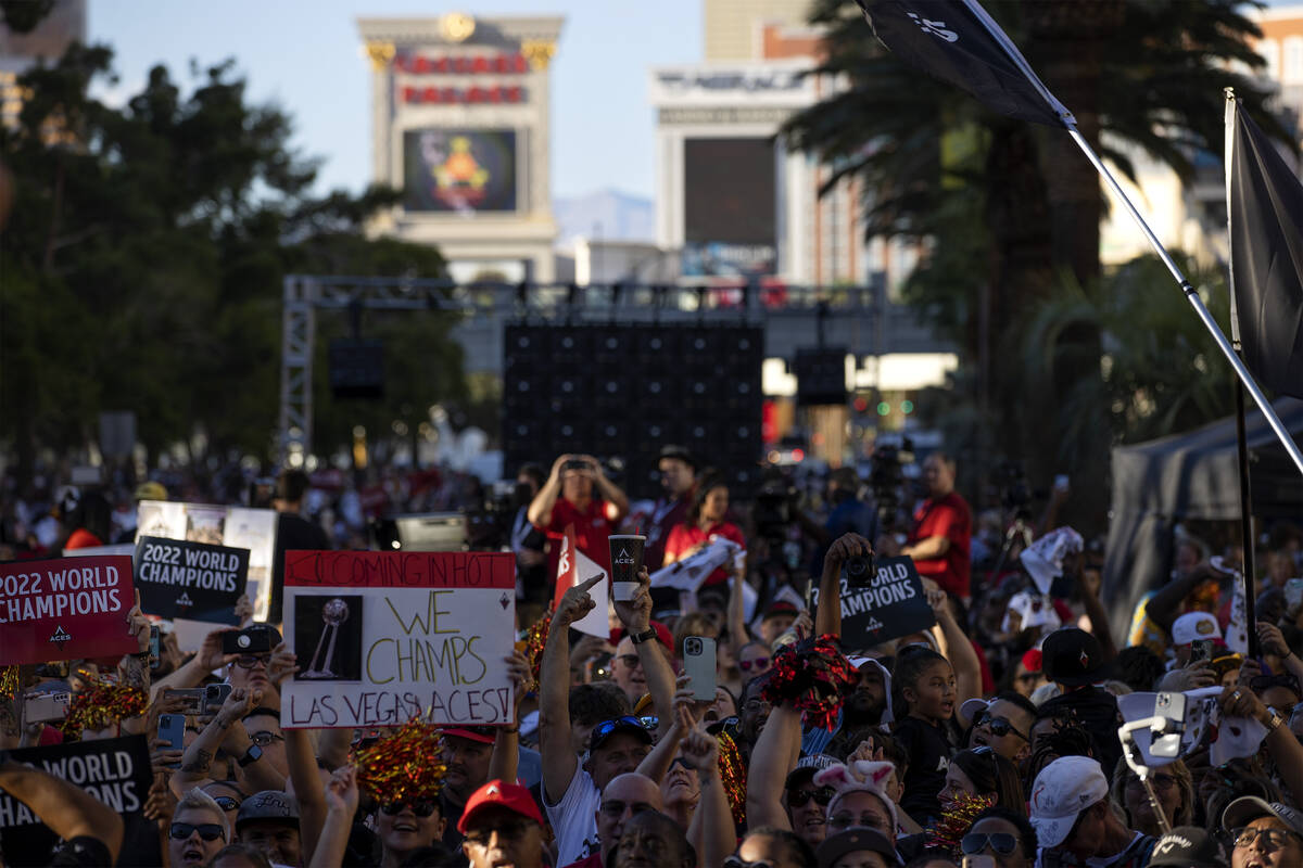 Las Vegas Aces fans fill Las Vegas Boulevard for a parade to celebrate their team winning the W ...