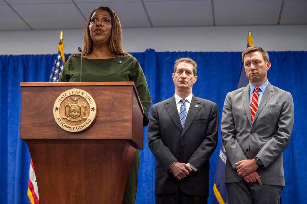 New York Attorney General Letitia James speaks during a press conference, Wednesday, Sept. 21, ...